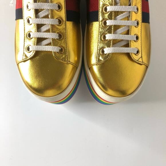 Gucci Peggy Rainbow Stripe Metallic Gold Platform Sneakers 39 - Picture 4 of 12